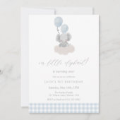 Blue Gingham Junge Elefant Erster Geburtstag Einladung (Vorderseite)
