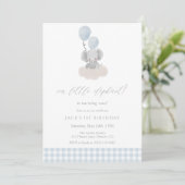 Blue Gingham Junge Elefant Erster Geburtstag Einladung (Stehend Vorderseite)