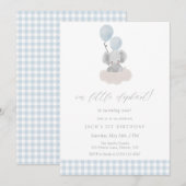 Blue Gingham Junge Elefant Erster Geburtstag Einladung (Vorne/Hinten)
