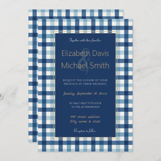Blue Gingham Kariert Checkered Pattern Einladung (Vorne/Hinten)