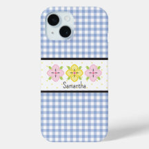 Blue Gingham Kariert Floral Monogram