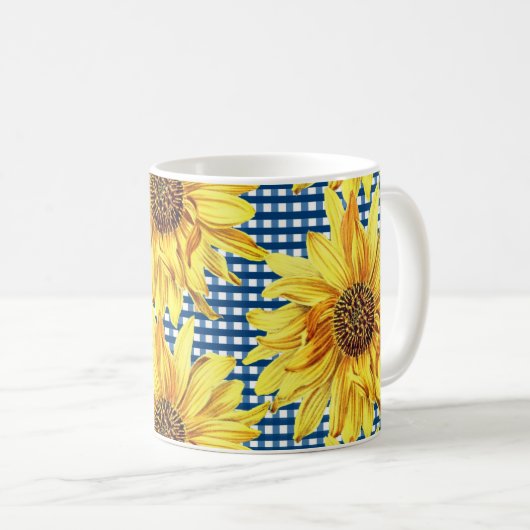 Blue Gingham Kariert mit Sonnenblumen Kaffeetasse (VorderseiteRechts)