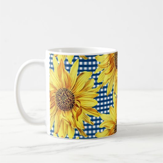 Blue Gingham Kariert mit Sonnenblumen Kaffeetasse (Links)