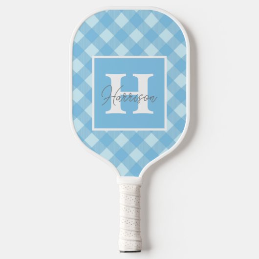 Blue Gingham Kariert Monogram und Name Personalisi Pickleball Schläger (Vorderseite)