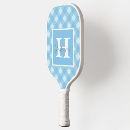 Blue Gingham Kariert Monogram und Name Personalisi Pickleball Schläger (Links)