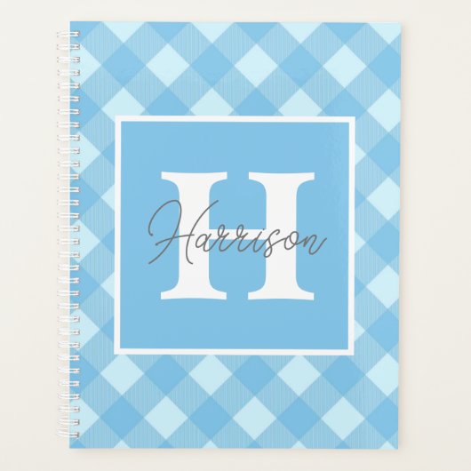 Blue Gingham Kariert Monogram und Name Personalisi Planer (Vorderseite)