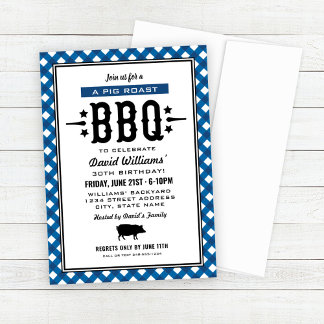Blue Gingham Kariert Pig Roast GRILLEN Birthday Pa Einladung