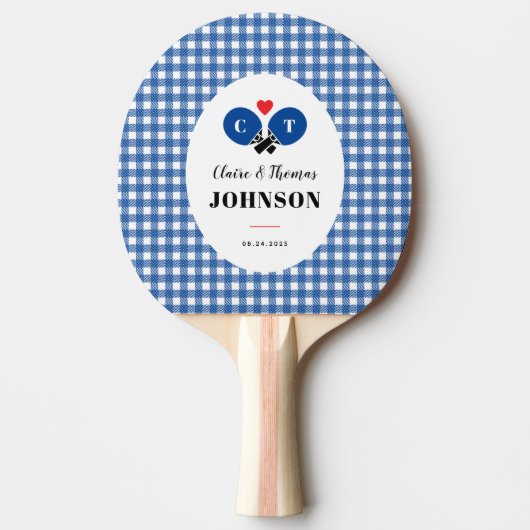 Blue Gingham Kariert Ping Pong Monogram Wedding Tischtennis Schläger (Vorderseite)
