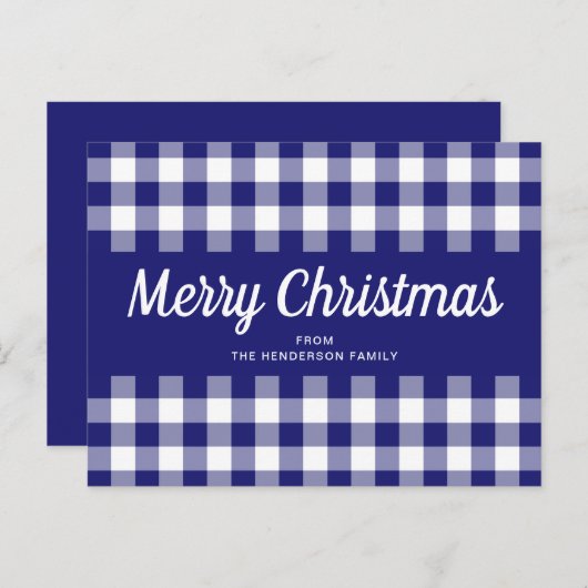 Blue Gingham Kariert Script Frohe Weihnachten Postkarte (Vorne/Hinten)