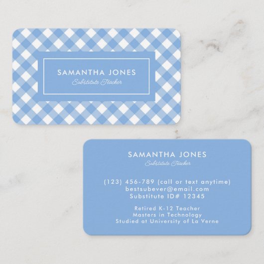 Blue Gingham Kariert Stellvertretender Lehrer Kont Visitenkarte (Vorne/Hinten)