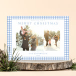 Blue Gingham Kariert Two Foto Feiertagskarte<br><div class="desc">Erstellen Sie Ihre eigenen Weihnachtskarten mit zwei Familienbildern,  personalisiert minimalistischem Typografienamen und Jahr auf niedlichem,  blauen Gingham kariertem Muster-Hintergrund.</div>