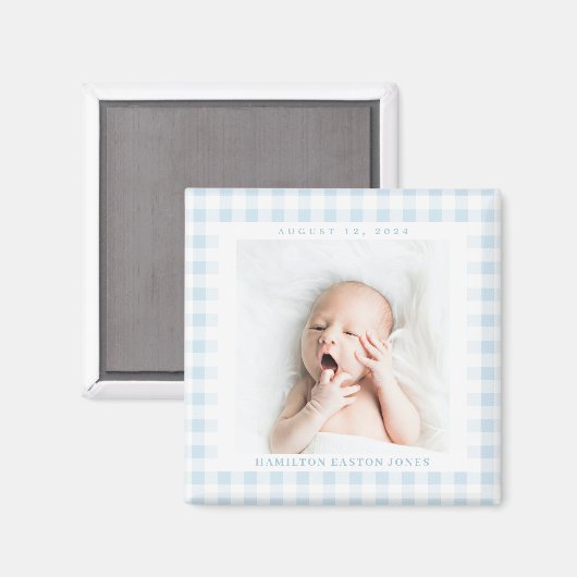 Blue Gingham Karo Baby Birthdate Magnet (Vorderseite/Rückseite)