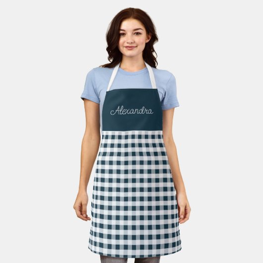 Blue Gingham Karo Erwachsene Personalisierte Koche Schürze (Getragen)