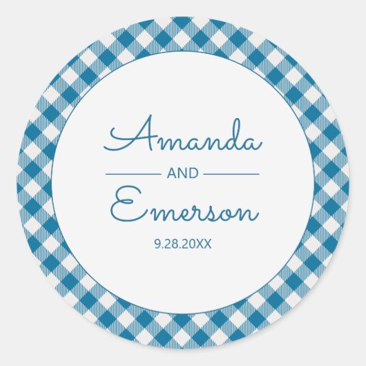 Blue Gingham Karo Fun Lässig Custom Wedding Gefall Runder Aufkleber (Vorderseite)