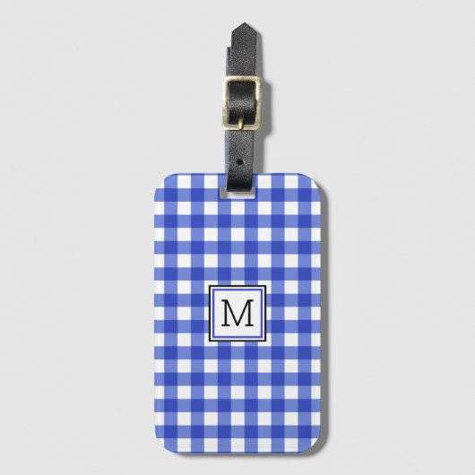 Blue Gingham Karo Monogram Gepäckanhänger (Vorderseite Vertikal)