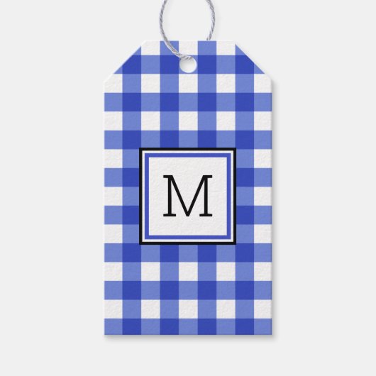Blue Gingham Karo Monogram Geschenkanhänger (Vorderseite)