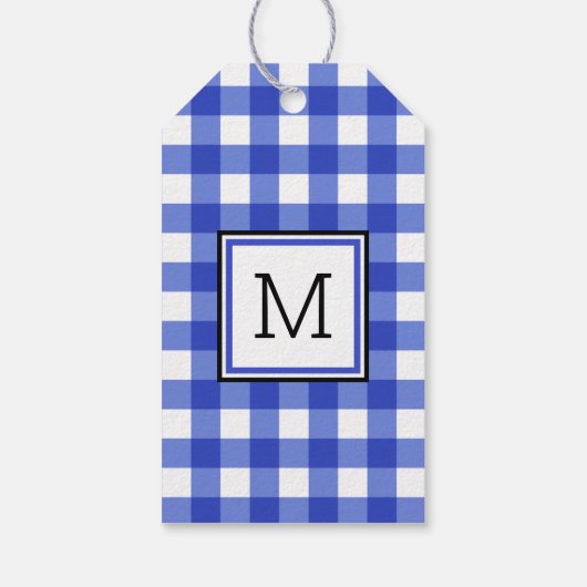 Blue Gingham Karo Monogram Geschenkanhänger (Rückseite)