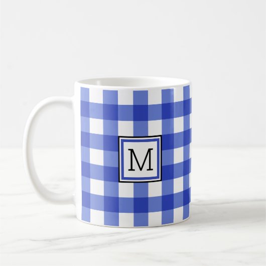 Blue Gingham Karo Monogram Kaffeetasse (Links)