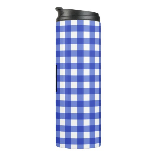 Blue Gingham Karo Monogram Thermal Tumbler Thermosbecher (Nach rechts gedreht)