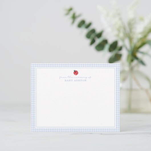 Blue Gingham Ladybug Nursery Note Card Ankündigung (Stehend Vorderseite)