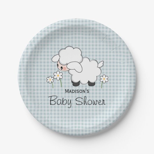 Blue Gingham Lamb Baby Boy Dusche Pappteller (Vorderseite)