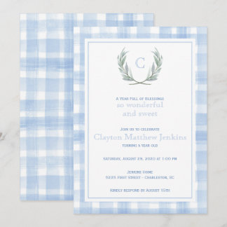 Blue Gingham Laurel Wappen Erster Geburtstag Einladung