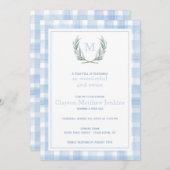 Blue Gingham Laurel Wappen First Birthday Einladung (Vorne/Hinten)