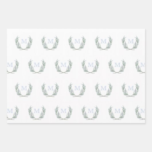 Blue Gingham Laurel Wappen Geschenkpapier Set (Vorderseite 2)