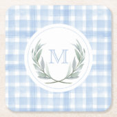 Blue Gingham Laurel Wappen Paper Rechteckiger Pappuntersetzer (Vorderseite)
