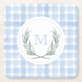 Blue Gingham Laurel Wappen Paper Rechteckiger Pappuntersetzer