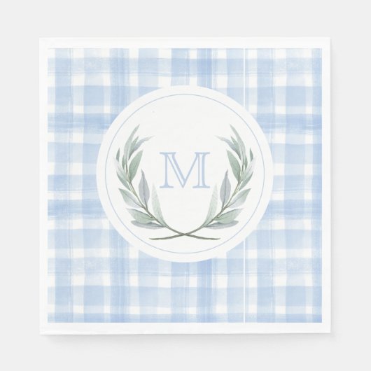 Blue Gingham Laurel Wappen Paper Serviette (Vorderseite)