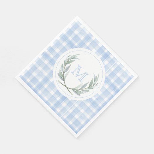 Blue Gingham Laurel Wappen Paper Serviette (Ecke)