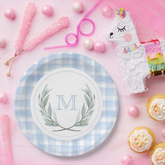 Blue Gingham Laurel Wappen Paper Teller (Party)