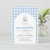 Blue Gingham Little Boo Ghost 1. Geburtstag Einladung (Stehend Vorderseite)