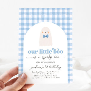 Blue Gingham Little Boo Ghost 1. Geburtstag Einladung