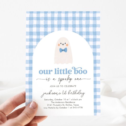 Blue Gingham Little Boo Ghost 1. Geburtstag Einladung