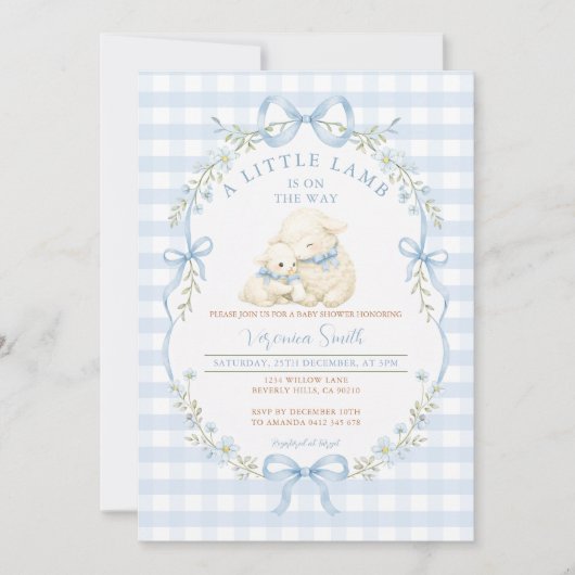 Blue Gingham Little Lamb Baby Shower Invitation Einladung (Vorderseite)