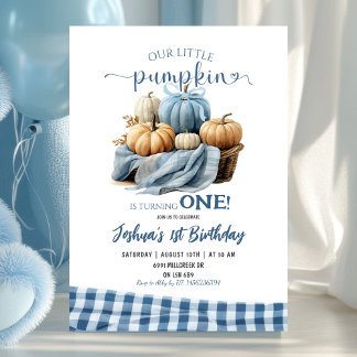 Blue Gingham Little Pumpkin Birthday Einladung