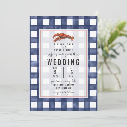 Blue Gingham Lobster Wedding Einladung (Stehend Vorderseite)