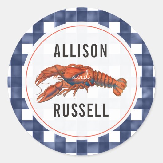 Blue Gingham Lobster Wedding Runder Aufkleber (Vorderseite)