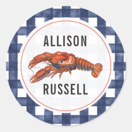 Blue Gingham Lobster Wedding Runder Aufkleber