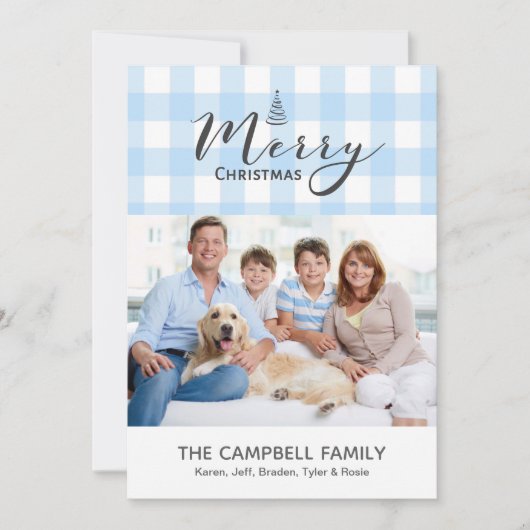Blue Gingham Merry Christmas Card Feiertagskarte (Vorderseite)
