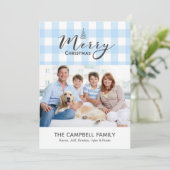 Blue Gingham Merry Christmas Card Feiertagskarte (Stehend Vorderseite)