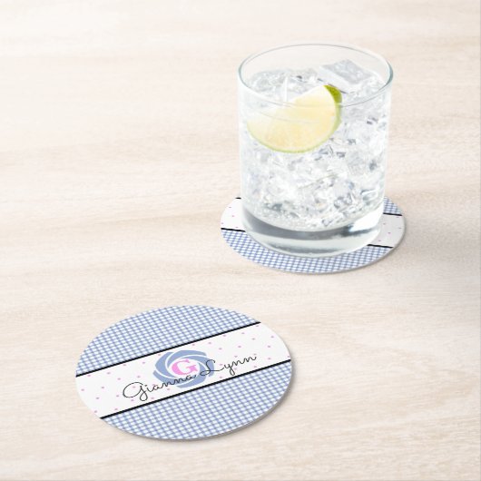 Blue Gingham Mit Monogramm Runder Pappuntersetzer (Vor Ort)