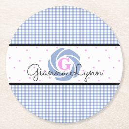 Blue Gingham Mit Monogramm Runder Pappuntersetzer