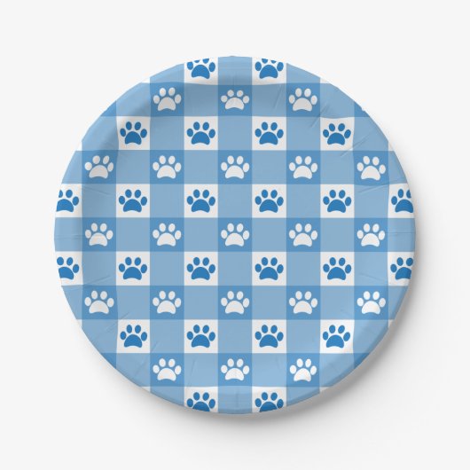 Blue Gingham mit Paw Prints Picnic Party Pappteller (Vorderseite)