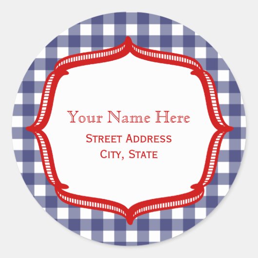 Blue Gingham mit Red Address Sticker (Vorderseite)