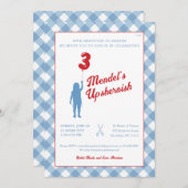Blue Gingham mit Red Balloon Upsherin Einladung (Vorne/Hinten)