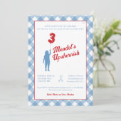 Blue Gingham mit Red Balloon Upsherin Foto Einladung (Stehend Vorderseite)