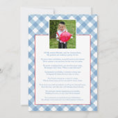 Blue Gingham mit Red Balloon Upsherin Foto Einladung (Rückseite)